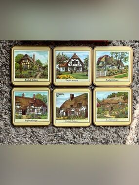 Pimpernel 6 English Cottages Deluxe Finish Coasters 4 1/8" Sq. COTTAGECORE EUC